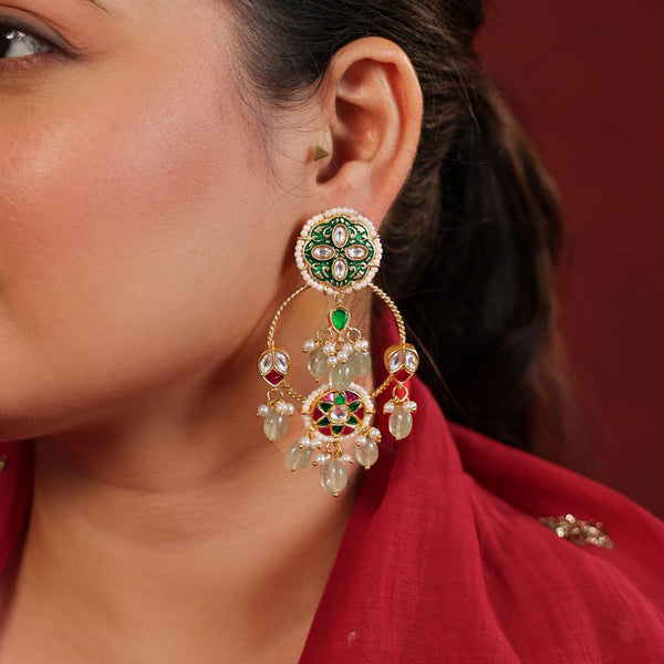 MDE981- Multi Colour Gold Plated Jadau Kundan Thappa Dangler Earrings