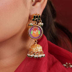 MDE970- Red Colour Gold Plated Jadau Kundan Lotus with pictures Temple Jhumki