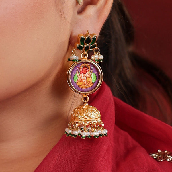 MDE970- Green Colour Gold Plated Jadau Kundan Lotus with pictures Temple Jhumki