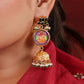 MDE970- Green Colour Gold Plated Jadau Kundan Lotus with pictures Temple Jhumki