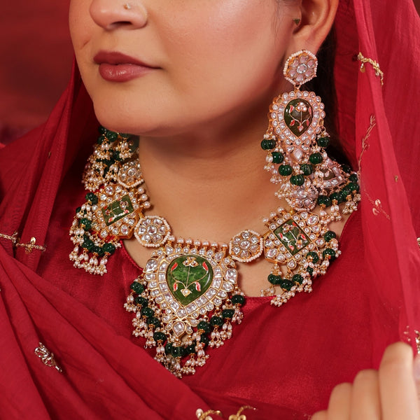MDN930- Green and White Colour Gold Plated Jadau Kundan Thappa Necklace Set