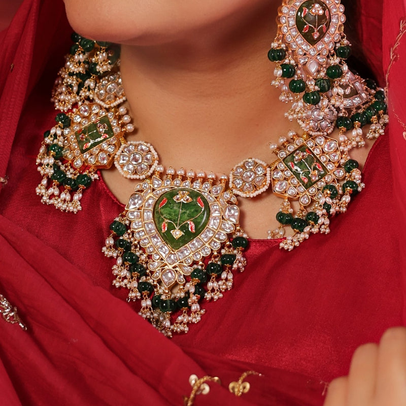 MDN930- Green and White Colour Gold Plated Jadau Kundan Thappa Necklace Set