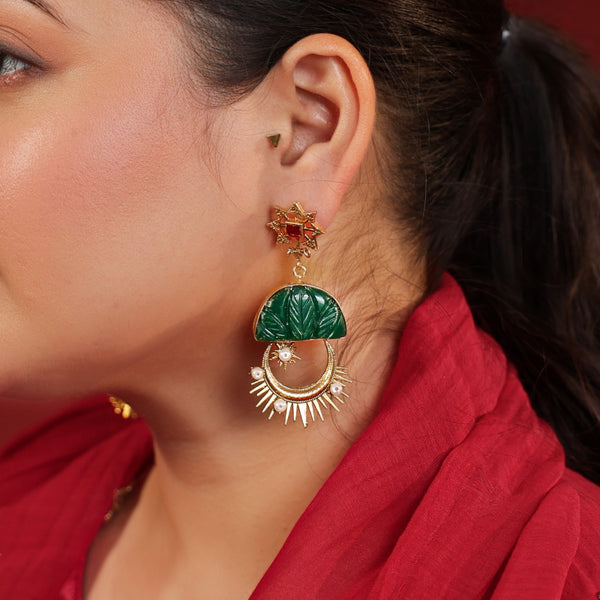 MDE979- Green and Red Colour Gold Plated Jadau Kundan Thappa Dangler Earrings