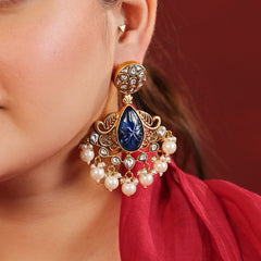 MDE978- Dark Blue and White Colour Gold Plated Jadau Kundan Thappa Dangler Earrings
