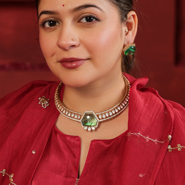 MDN928- Mint and White Colour Gold Plated Faux Polki Choker Set