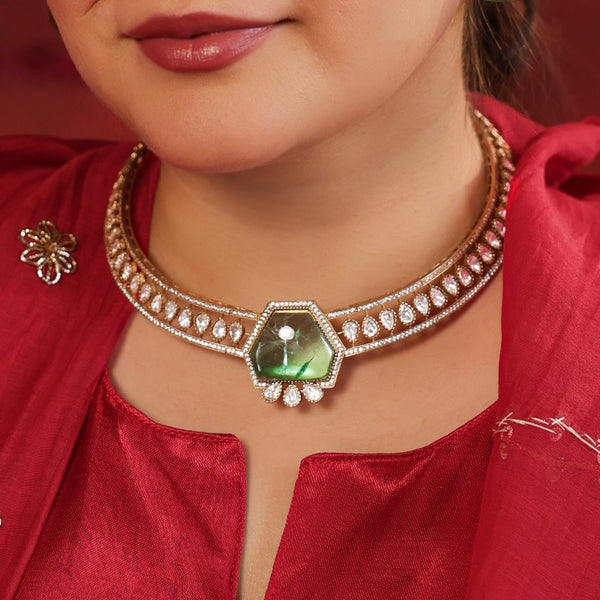 MDN928- Mint and White Colour Gold Plated Faux Polki Choker Set