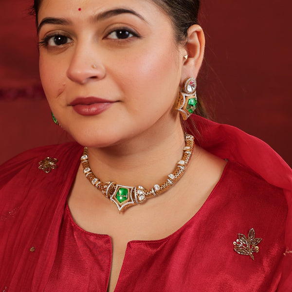 MDN927- Green and White Colour Gold Plated Faux Polki Choker Set