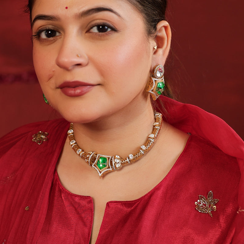 MDN927- Green and White Colour Gold Plated Faux Polki Choker Set