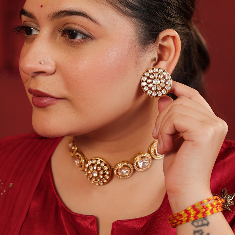 MDN923- White Colour Gold Plated Faux Polki Choker Set