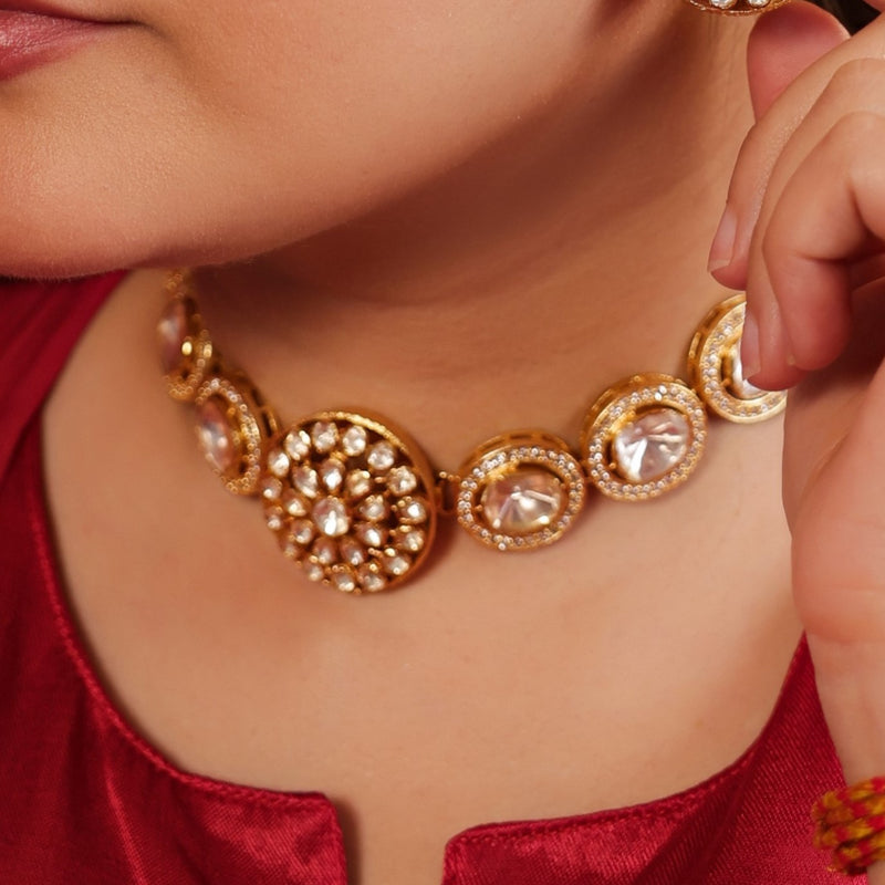 MDN923- White Colour Gold Plated Faux Polki Choker Set