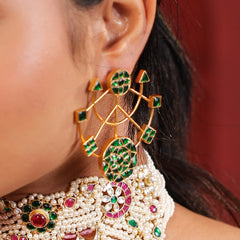 MDE619- Green Colour Gold Plated Jadau Kundan Thappa Dangler Earrings