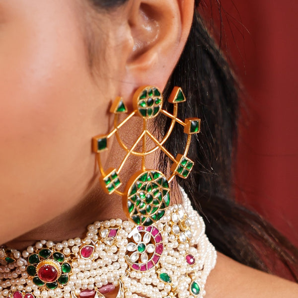 MDE619- Green Colour Gold Plated Jadau Kundan Thappa Dangler Earrings