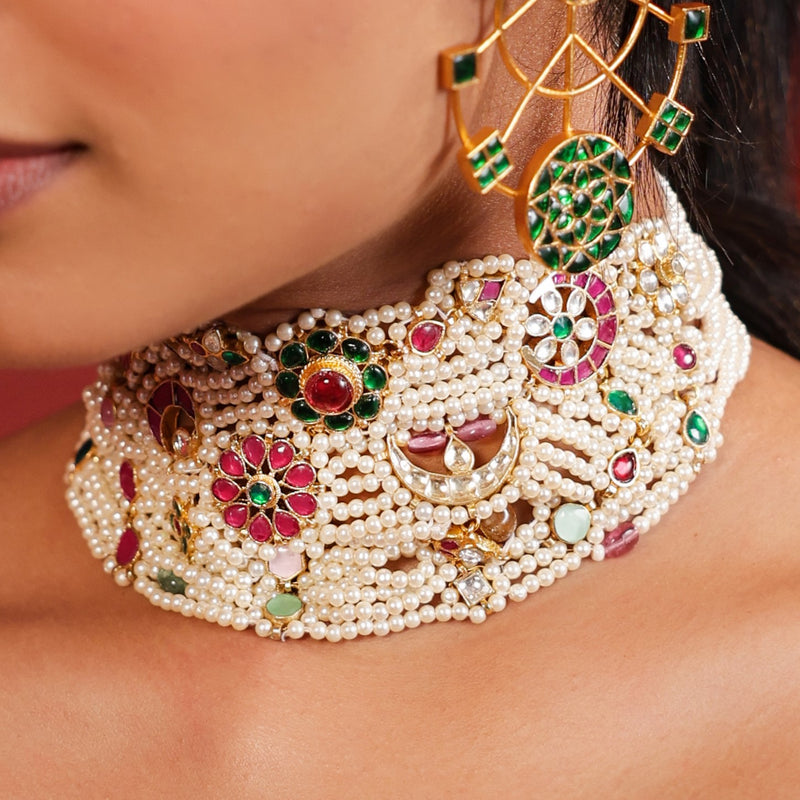 MDN931- Multi Colour Gold Plated Jadau Kundan Pearl Choker