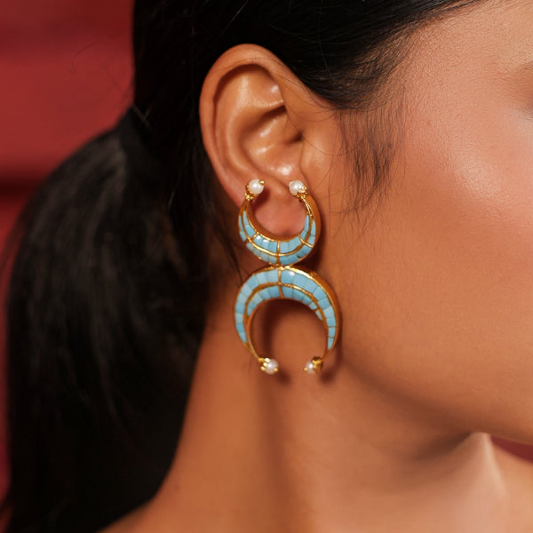 MDE976- Feroza Colour Gold Plated Jadau Kundan Thappa Chandbali Earrings