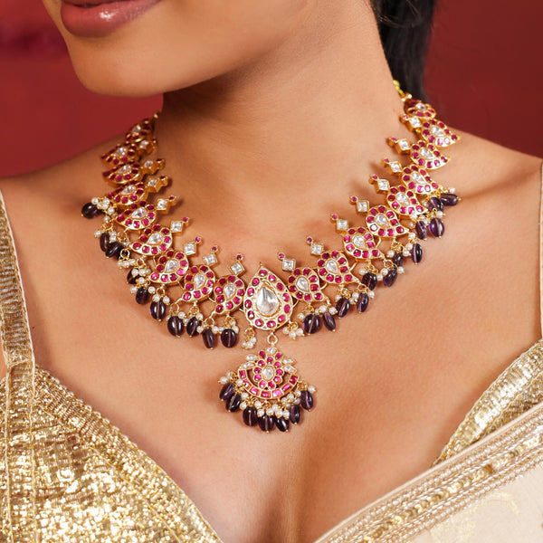 MDN922- Red and White Colour Gold Plated Jadau Kundan Mango Mala Temple Necklace Set