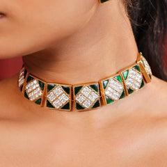 MDN939- Green and White Colour Gold Plated Jadau Kundan Thappa Choker Set