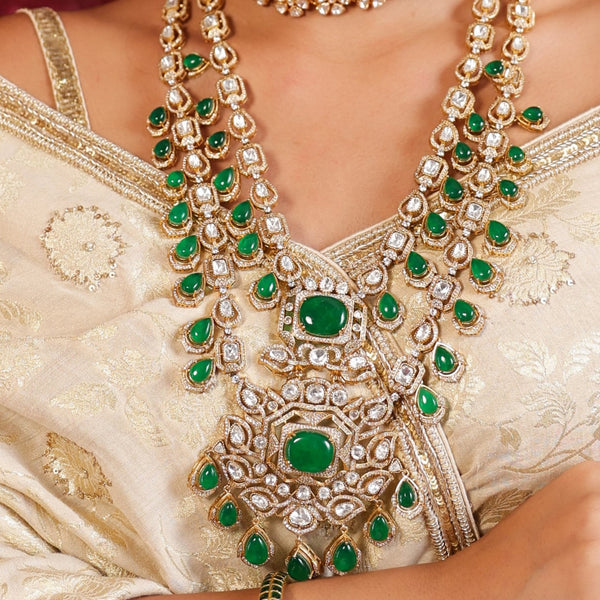 MDN940- Green and White Colour Gold Plated Faux Polki Long Necklace Set