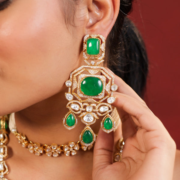 MDN940- Green and White Colour Gold Plated Faux Polki Long Necklace Set