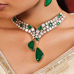 MDN938- Green and White Colour Gold Plated Faux Polki Necklace Set