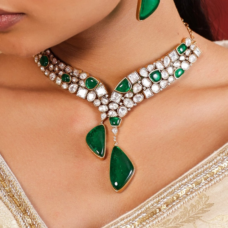 MDN938- Green and White Colour Gold Plated Faux Polki Necklace Set