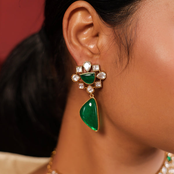 MDN938- Green and White Colour Gold Plated Faux Polki Necklace Set