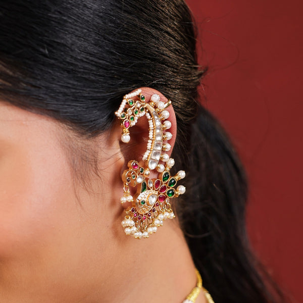MDE332- Multi Colour Gold Plated Jadau Kundan Earcuffs