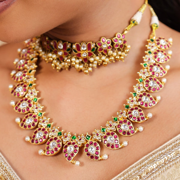 MDN196- Multi Colour Gold Plated Jadau Kundan Temple Long Necklace Set (Mango Mala)