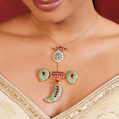 MDN932- Feroza and Red Colour Gold Plated Jadau Kundan Temple Pendant Set