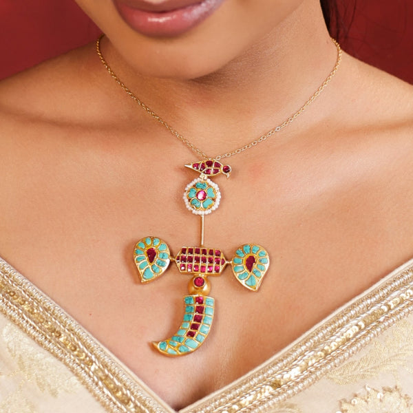 MDN932- Feroza and Red Colour Gold Plated Jadau Kundan Temple Pendant Set