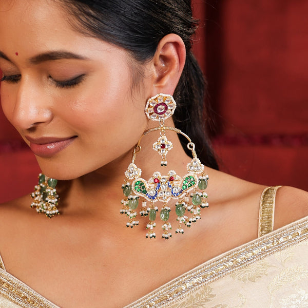MDE741- Multi Colour Gold Plated Jadau Kundan Chandbali Earrings