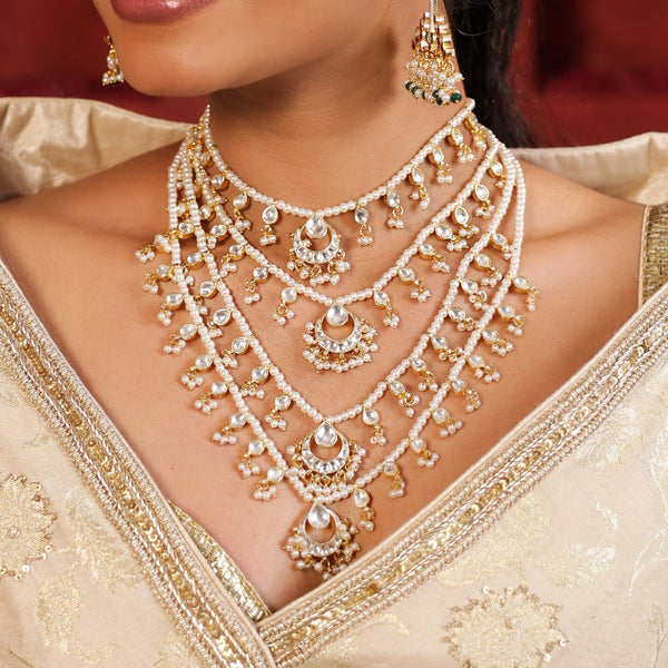 MDN936- White Colour Gold Plated Jadau Kundan Raani Haar (4 Line)