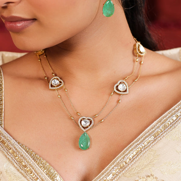 MDN937- White and Mint Colour Gold Plated Faux Polki Pendant Set
