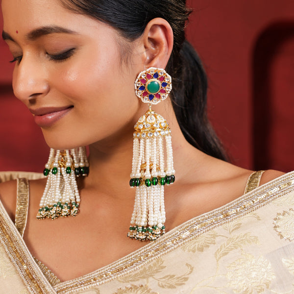 MDE975- Multi Colour Gold Plated Jadau Kundan Statement Long Jhumki