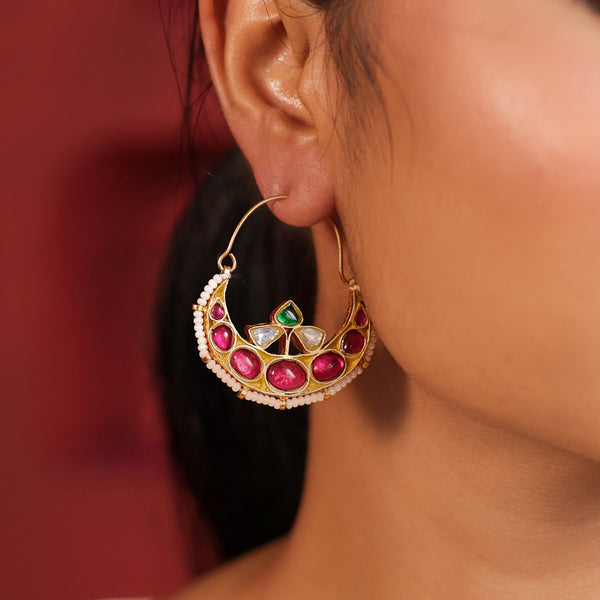 MDE812- Pink and Green Colour Gold Plated Jadau Kundan Double Sided Temple Earrings