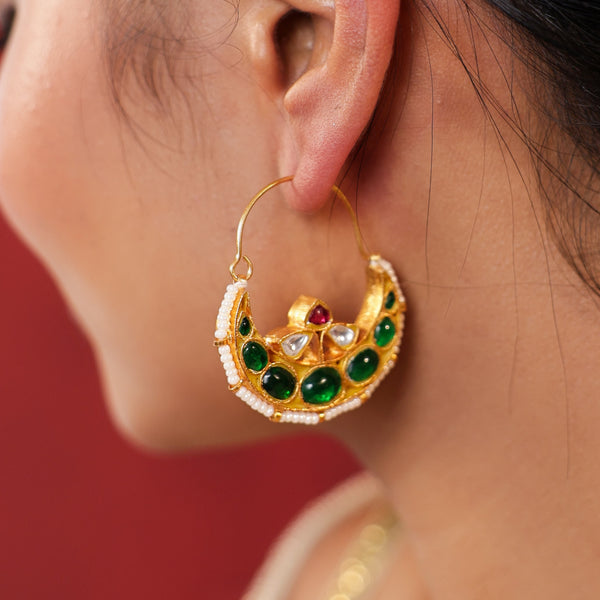 MDE812- Pink and Green Colour Gold Plated Jadau Kundan Double Sided Temple Earrings