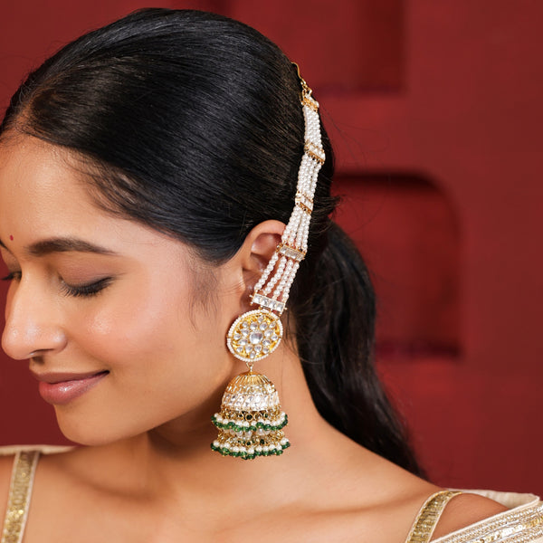 MDE974- White and Green Colour Gold Plated Jadau Kundan Statement Long Jhumki