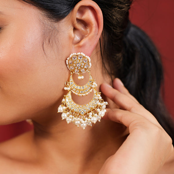 MDE746- White Colour Gold Plated Jadau Kundan Thappa Dangler Earrings