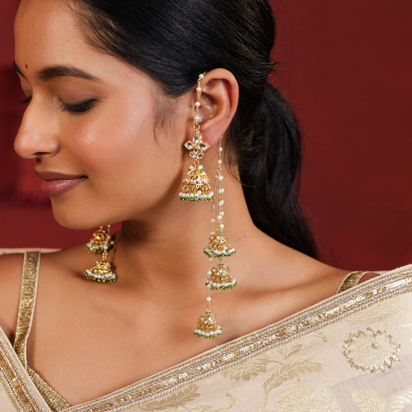 MDE972- White and Green Colour Gold Plated Jadau Kundan Long Jhumki