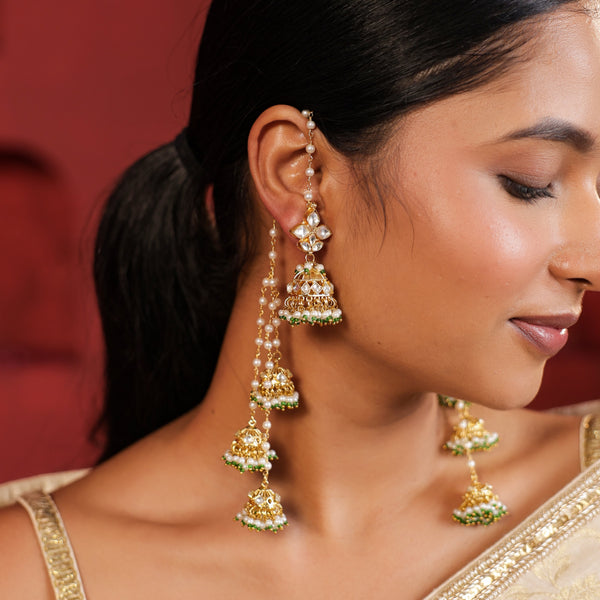 MDE972- White and Green Colour Gold Plated Jadau Kundan Long Jhumki