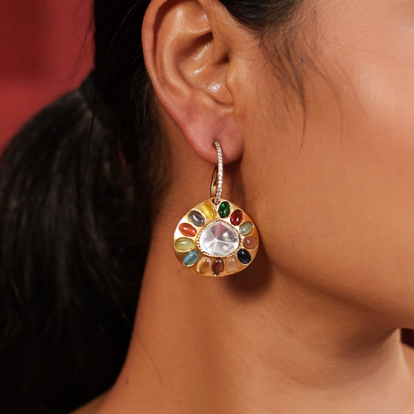 MDE798- Multi Colour Gold Plated Faux Polki Double Sided Dangler Earrings