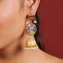 MDE970- Red Colour Gold Plated Jadau Kundan Lotus with pictures Temple Jhumki
