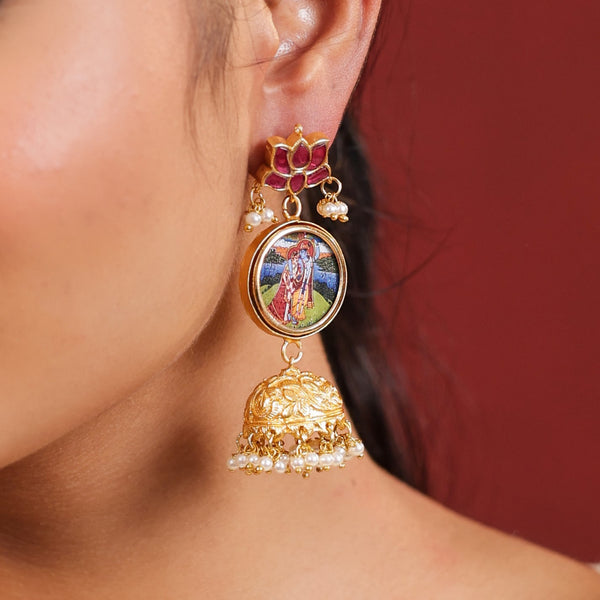 MDE970- Green Colour Gold Plated Jadau Kundan Lotus with pictures Temple Jhumki