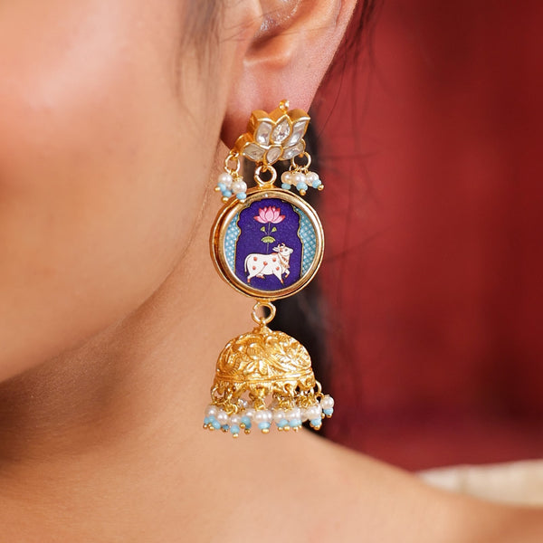 MDE970- Green Colour Gold Plated Jadau Kundan Lotus with pictures Temple Jhumki