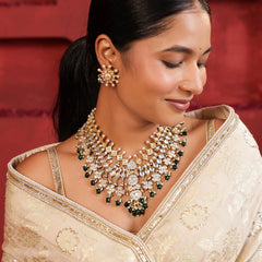 MDN529- White & Green Colour Gold Plated Jadau Kundan Necklace Set