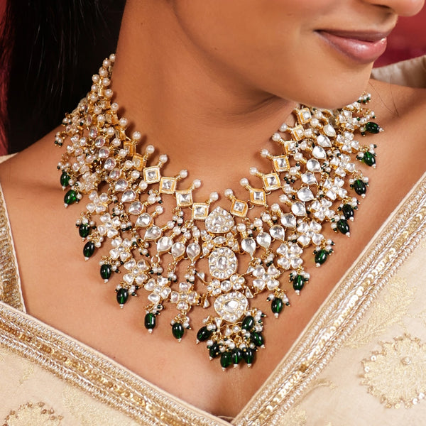 MDN529- White & Green Colour Gold Plated Jadau Kundan Necklace Set
