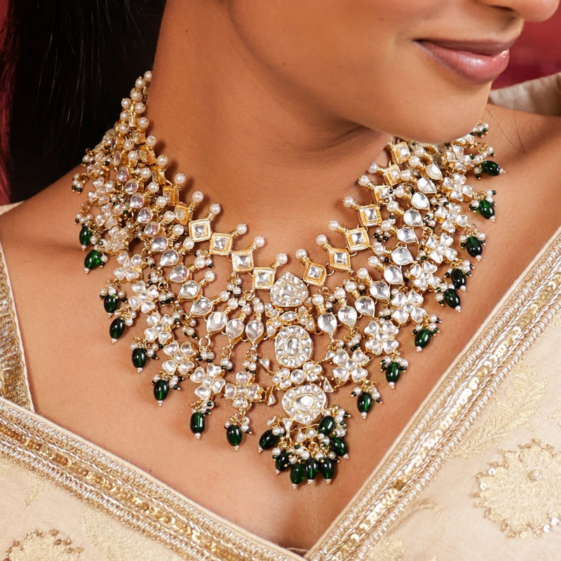 MDN529- White & Green Colour Gold Plated Jadau Kundan Necklace Set
