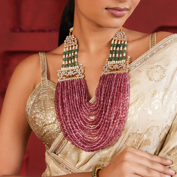 MDN934- Pink and Multi Colour Gold Plated Jadau Kundan Thappa Raani Haar