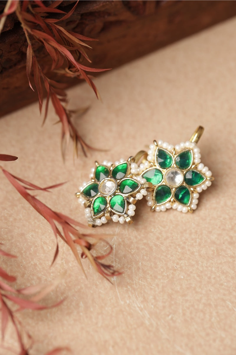 Green and White Colour Gold Plated Jadau Kundan Flower Motif Earcuff (Bugadi)