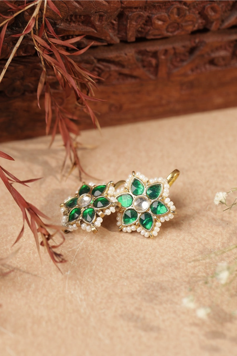 Green and White Colour Gold Plated Jadau Kundan Flower Motif Earcuff (Bugadi)