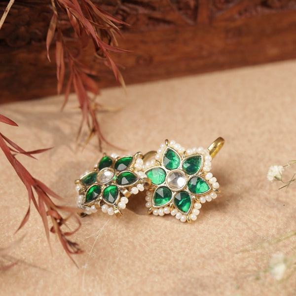 Green and White Colour Gold Plated Jadau Kundan Flower Motif Earcuff (Bugadi)
